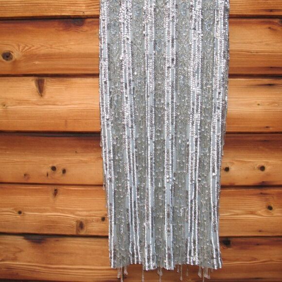 Mac Duggal 5980 Blue High Neck Short Sleeve Crystal Fringe Column Dress - Picture 9 of 15